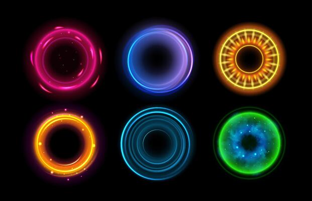 Halo flares. Neon ring light optical circular effect, magic neon color glow halos with sparkles. 3d circle portal with vortex, energy orb. futuristic big explosion isolated set