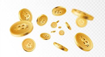 Bitcoin explosion. Cryptocurrency, electronic payments and blockchain. Golden 3D coins explosion, bitcoins splash. isolated concept vector