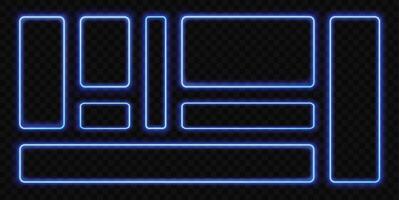 Neon frame. Blue light rectangle glowing borders with led neon effect. Square shiny futuristic banners with rounded corners. UI line elements, vibrant border frames set vector