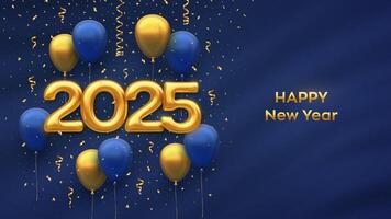 Happy New Year 2025. Hanging Golden numbers 2025 with 3D festive helium balloons and falling confetti on blue background. New Year, Xmas greeting card, banner template. vector