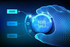 2025 new year change. Switch levels knob button on 2025. Wireframe hand setting calendar button on 2025 year position. Happy new year. New Year is coming concept. vector