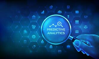 Predictive analytics concept with magnifier in wireframe hand and icons. Big Data analysis. Business intelligence technology concept on virtual screen. Machine learning. AI. vector