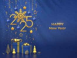 Happy New Year 2025. Hanging golden metallic numbers 2025 with snowflake, stars and balls on blue background. Gift boxes and golden metallic pine or fir, cone shape spruce trees. vector