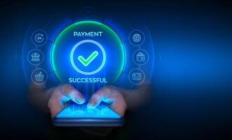 Online payment concept. Payment successful notification. Online payment via banking application using smartphone. Online shopping. Financial transaction. Smartphone in hands. vector