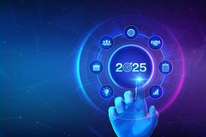 2025 New year Goals and plans. Business plan and strategies. Goal acheiveement and success in 2025. Resolutions, plan, action, checklist concept. Hand touching digital interface. vector
