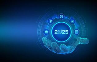 2025 New year Goals and plans icon in wireframe hand. Business plan and strategies. Goal acheiveement and success in 2025. Resolutions, plan, action, checklist concept. vector