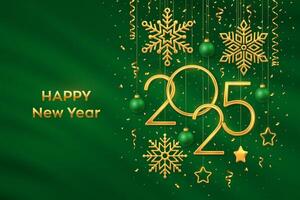 Happy New 2025 Year. Hanging Golden metallic numbers 2025 with shining snowflakes, 3D metallic stars, balls and confetti on green background. New Year greeting card or banner template. vector