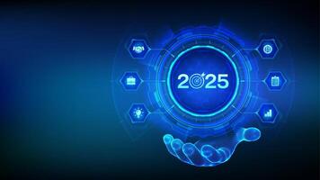2025 New year Goals and plans icon in wireframe hand. Business plan and strategies. Goal acheiveement and success in 2025. Resolutions, plan, action, checklist concept. vector