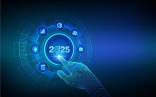 2025 New year Goals and plans. Business plan and strategies. Goal acheiveement and success in 2025. Resolutions, plan, action, checklist concept. Wireframe hand touching digital interface. vector