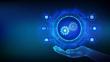 Digital twin business and industrial process modelling technology concept on virtual screen. Innovation and optimisation. Digital twin icon in wireframe hand. vector