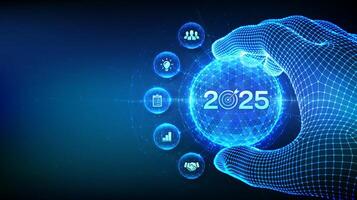 2025 New year Goals and plans concept in the shape of polygonal sphere with numbers 2025 and target in wireframe hand. Business plan and strategies. Goal acheiveement and success. vector