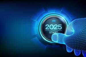 2025 start. Finger about to press a button with the text 2025 start. Happy new year. New Year two thousand and twenty five is coming concept. vector