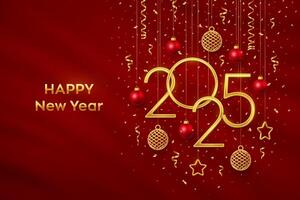 Happy New 2025 Year. Hanging Golden metallic numbers 2025 with shining 3D metallic stars, balls and confetti on red background. New Year greeting card, banner template. Realistic. vector