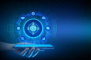 Outsourcing and HR. Social network and global recruitment. Global Recruitment Business and internet concept on virtual screen. Smartphone in hand. Using smartphone. vector