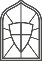 Church glass window. Gothic arch frame with medieval symbol. Vintage architecture element. Stained mosaic decoration with shield png