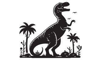 A black and white illustration of a dinosaur in the jungle vector