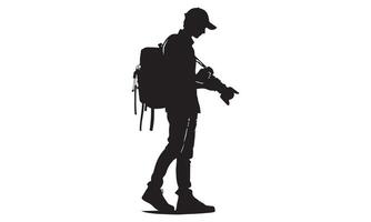 Silhouette of a man with a backpack and camera vector