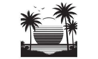 A black and white illustration of palm trees and the ocean vector