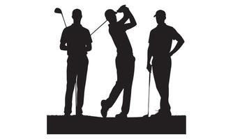 Silhouette of three men playing golf on a white background vector