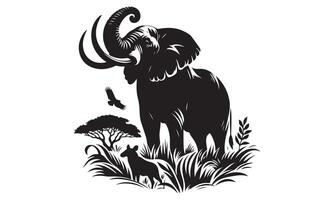 An elephant and a dog are in the grass vector