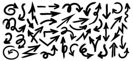 Collection of hand drawn arrow signs in different directions with a line. Set of different design elements with scribble texture. Black arrows showing directions. illustration isolated vector
