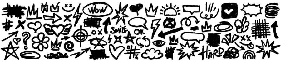 Collection of hand drawn doodles and squiggles for text highlighting sign. Set of design elements with texture of scribbles. Black line brush stroke. Simple cute swashes, strokes, note, diagram vector