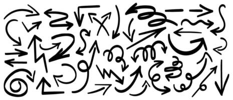 Collection of hand drawn arrow signs in different directions with a line. Set of different design elements with scribble texture. Black arrows showing directions. illustration isolated vector