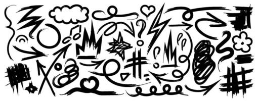Collection of hand drawn doodles and squiggles for text highlighting sign. Set of design elements with texture of scribbles. Black line brush stroke. Simple cute swashes, strokes, note, diagram vector