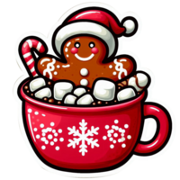 Christmas funny gingerbread man in red cup of cocoa with marshmallows png