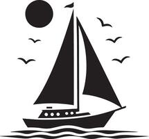 Sailing boat silhouette with birds on white background vector