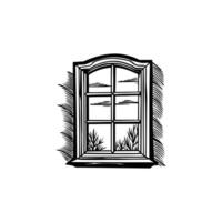 A black and white drawing of a window with plants vector