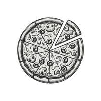 A drawing of a slice of pizza with olives vector