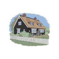 A black house with a thatched roof and white picket vector
