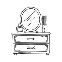 A comb on a vanity with a perfume bottle on the cabinet vector