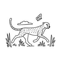 A cheetah chasing after a butterfly across tall grass in an open savanna vector