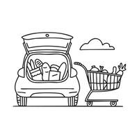 A shopping cart close to a car trunk filled with groceries vector
