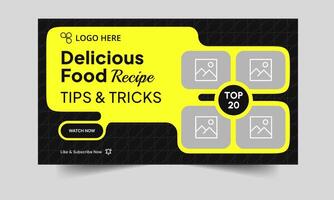 Delicious food recipe tips and techniques cover banner design, daily food recipe tricks thumbnail banner design, fully customizable eps 10 file format vector