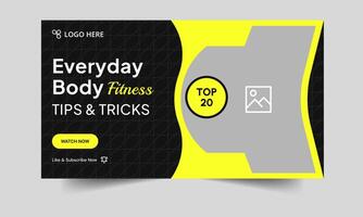 Trendy body fitness tips and tricks cover banner design, daily workout plan techniques thumbnail design, fully editable eps 10 file format vector