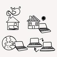 a set of icons depicting a laptop, house, and a globe vector
