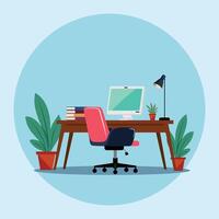 Office or home Desk with computer, plant, books or lamp and computer chair illustration with blue background or designing studio illustration art design vector