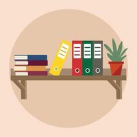 Wood shelf with Colorful office folders and book or plant illustration art design with brown color wall background vector