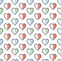 Seamless pattern featuring colored pixel hearts in pixel art style, perfect for Valentine's Day and celebrating love. vector