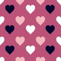 Seamless pattern with colored pixel hearts on a pink background in pixel art style, ideal for Valentine's Day and symbolizing love. vector