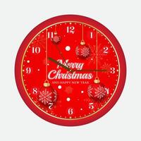 An elegant and stylish Festive Red Christmas Wall Clock with a red background, white snowflakes, and hanging ornaments. Perfect for adding a touch of traditional holiday charm to any home vector