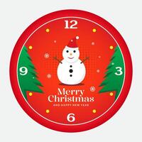 Merry Christmas Clock. A festive Christmas clock design featuring a snowman in a Santa hat, surrounded by snowflakes and Christmas trees on a red background, perfect for the Christmas season. vector
