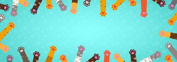 cute cat paws frame in light blue background with white paws background banner template for covers, posters, events, cat day, lovers vector