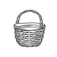 Wicker harvest basket with handle. graphic line illustration, hand drawn isolated. Black and white doodle. Rustic empty container, straw picnic bag. Clipart for postcard, scrapbooking, sticker. vector