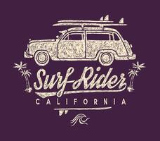 Failed and aged drawing of a surfer's car in a composition with lettering. vector