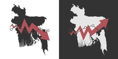 Bangladesh map with fall and recovery chart, statistics arrow. illustration. vector