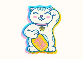 Retro poster with lucky cat in glitch style. Neko Maneki. Kawaii lucky cat. vector